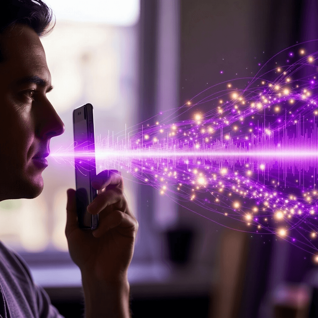 Person speaking into phone with data intelligence flowing