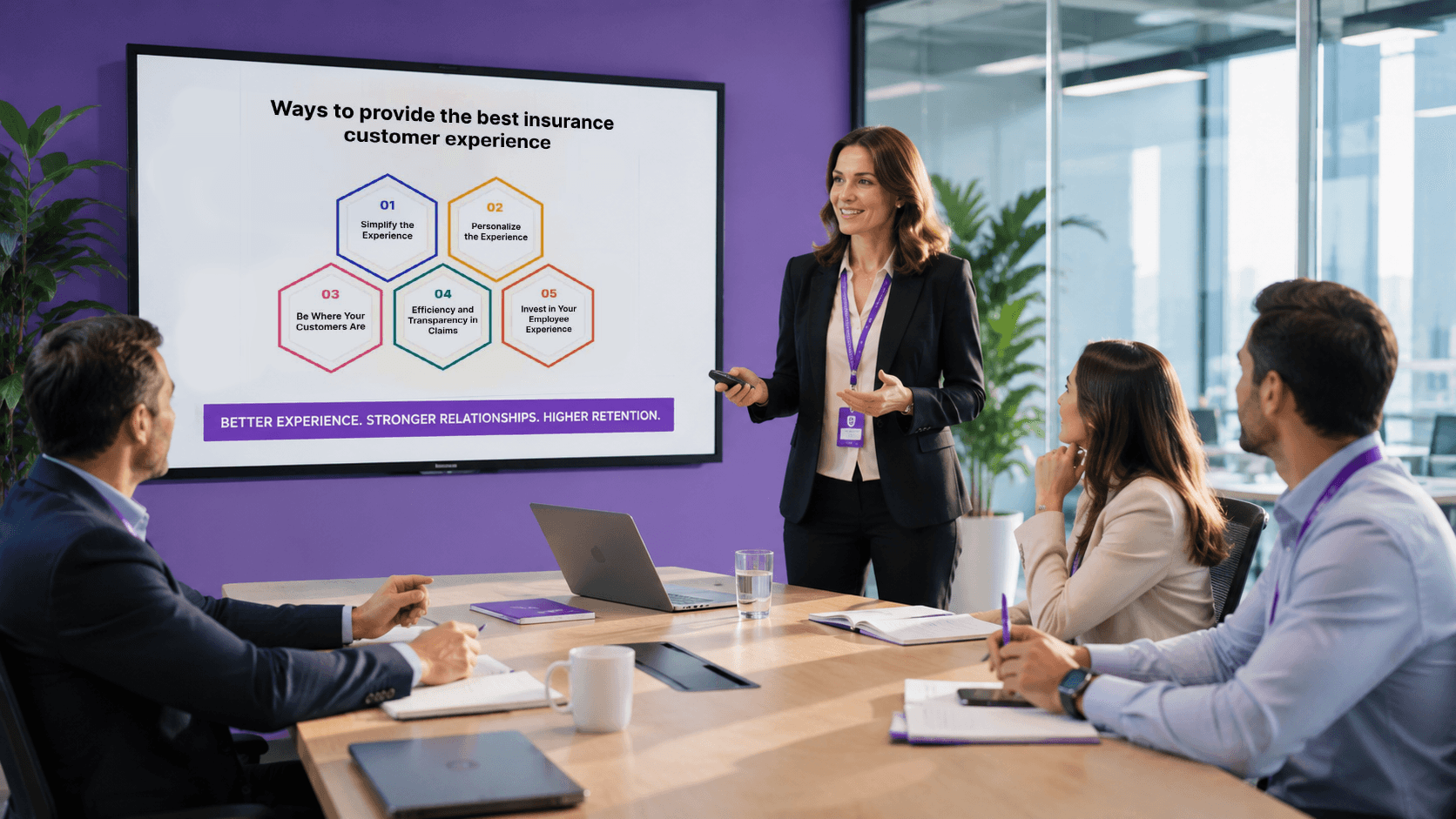 A brokerage team leader presenting ways to improve the insurance customer experience to colleagues — Callyx.ai