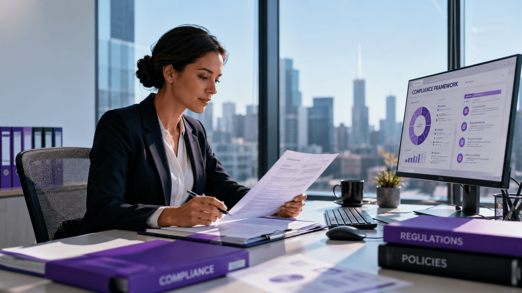Compliance officer reviewing regulatory documents against a compliance framework dashboard in a financial services office
