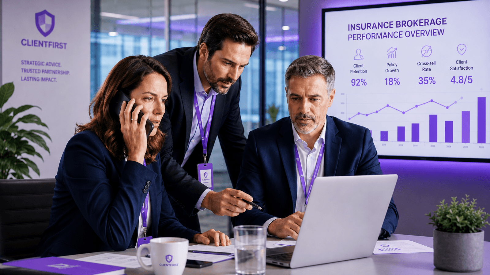 Insurance brokerage team reviewing client retention performance on a laptop