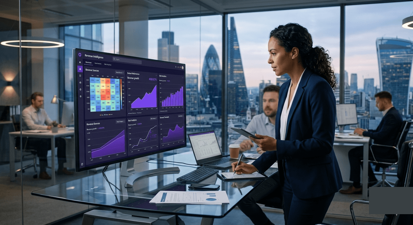 Insurance broker reviewing revenue signal data and pipeline insights on a dashboard in an Australian brokerage — Callyx.ai